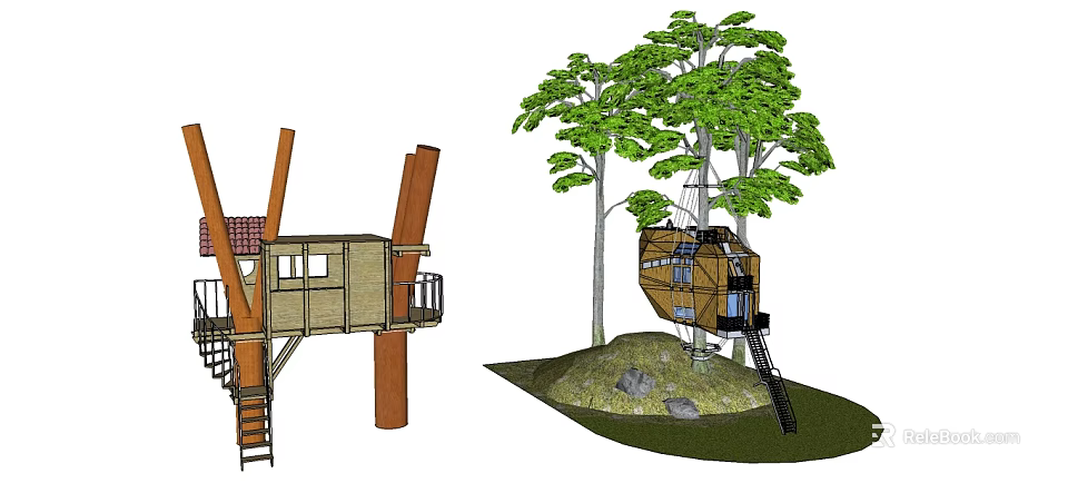 Wooden Tree House With Ladder Windows And Green Trees On Grass 3d model 