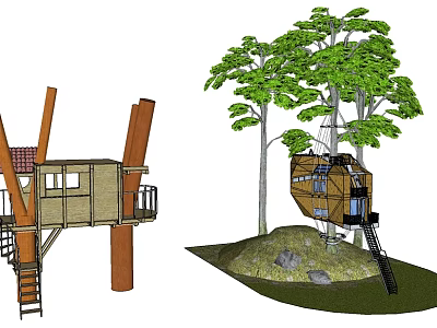 Wooden Tree House With Ladder Windows And Green Trees On Grass 3d model