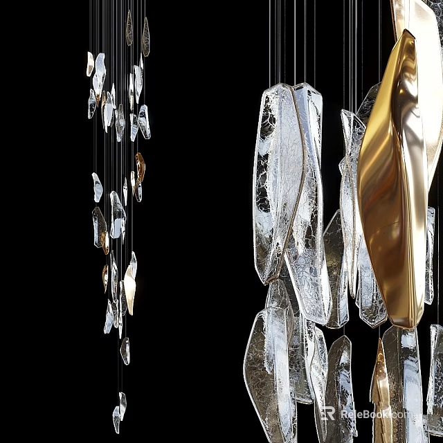 Modern Decorative Chandelier With Irregular Transparent Glass Chips And Golden Accents 3d model 