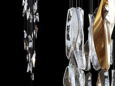 Modern Decorative Chandelier With Irregular Transparent Glass Chips And Golden Accents 3d model