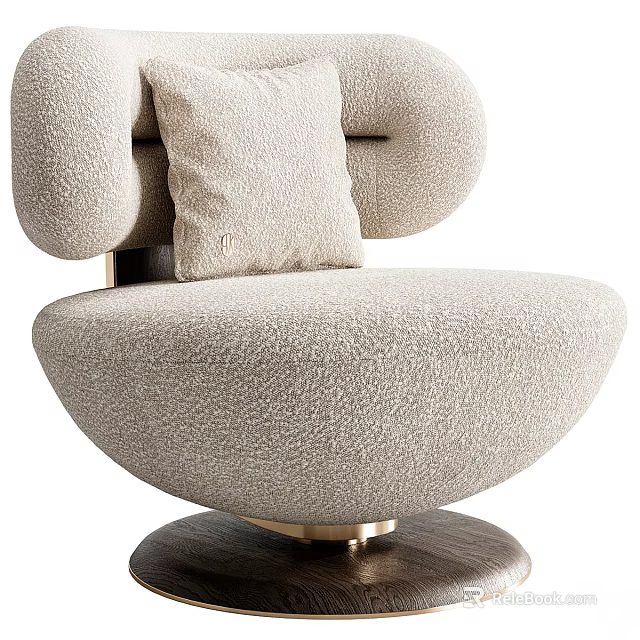 Beige Plush Fabric Leisure Chair With Curved Arms Accent Pillow And Swivel Base 3d model 