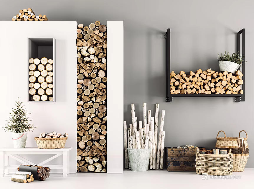 Rustic Stone And Wood Interior Decor With Stacked Logs Shelves And Wicker Baskets 3d model 