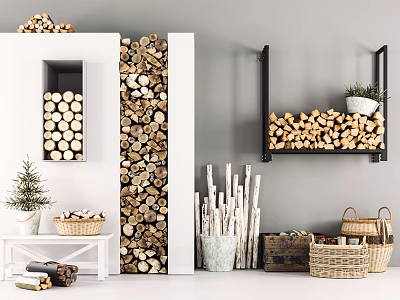 Rustic Stone And Wood Interior Decor With Stacked Logs Shelves And Wicker Baskets 3d model