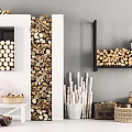 Rustic Stone And Wood Interior Decor With Stacked Logs Shelves And Wicker Baskets