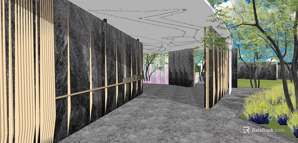 Modern Building Exterior Wall Design With Dark Stone Panels Golden Lines And Green Plants 3d model 