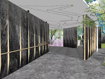 Modern Building Exterior Wall Design With Dark Stone Panels Golden Lines And Green Plants 3d model