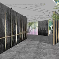 Modern Building Exterior Wall Design With Dark Stone Panels Golden Lines And Green Plants