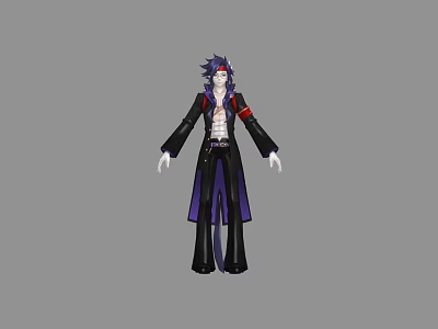 Stylish Game and Movie Character With Purple Hair Headband Black Purple Long Coat Red Accents 3d model