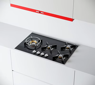 Stylish Black Gas Stove With Four Burners On White Kitchen Countertop And Red Cabinet 3d model