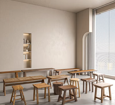 Multiple Wooden Stools In A Bright Room With Window Blinds And Shelves 3d model