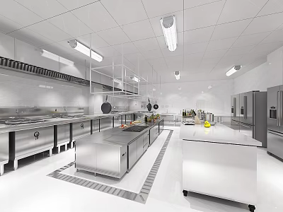 Modern Commercial Restaurant Kitchen Interior With Stainless Steel Workstations And Hanging Lights 3d model