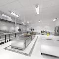 Modern Commercial Restaurant Kitchen Interior With Stainless Steel Workstations And Hanging Lights