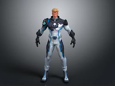 Male Sci Fi Warrior Character With Blue White Tech Combat Suit And Blonde Hair 3d model