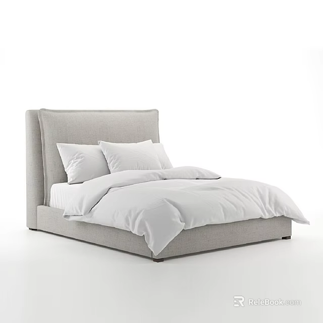 Modern Double Bed with Light Gray Upholstered Headboard White Sheets and Pillows 3d model