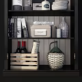 Display Cabinets with Glass Doors Multiple Shelves Filled with Books Dishes Decorative Bottles and Baskets