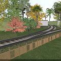Scenic Railway Track Road Facility With Green Lawn Red Leaf Trees Palms And Wooden Fence