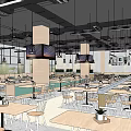 Spacious Restaurant Interior With White Chairs Tables Pillars Ceiling Lights And Screens 3d model