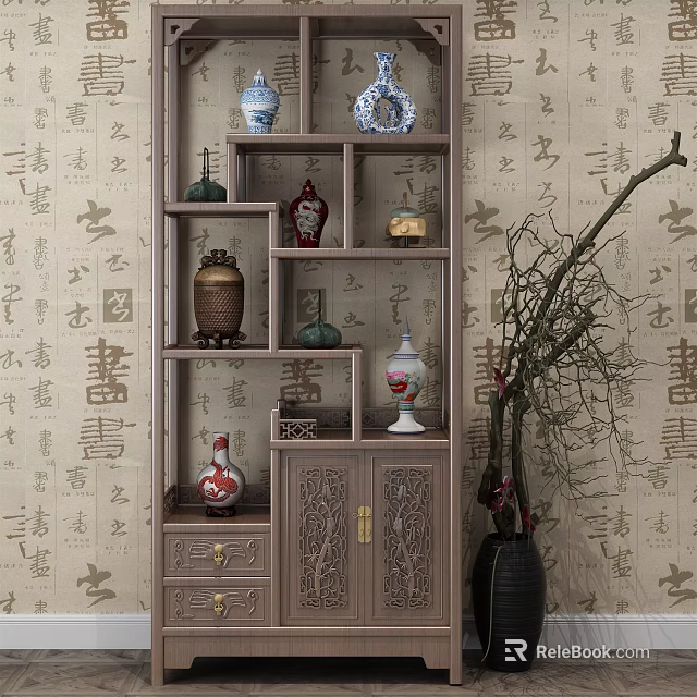 Antique Display Shelf With Carved Design Holding Vases And Decorative Items Against Calligraphy Wallpaper 3d model 