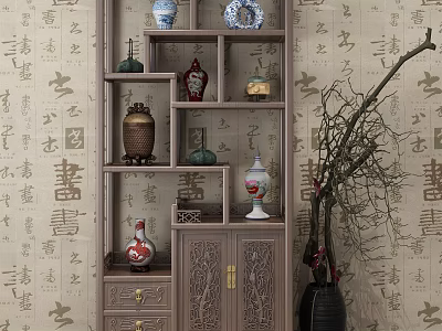 Antique Display Shelf With Carved Design Holding Vases And Decorative Items Against Calligraphy Wallpaper 3d model