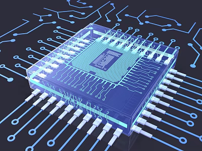 Detailed 3D Rendered Microchip On Circuit Board With Glowing Blue Lines 3d model