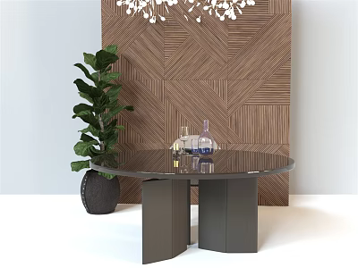 Round Glass Dining Table with Wooden Wall Green Plant Hanging Chandelier and Decorative Items on Top 3d model