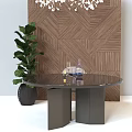 Round Glass Dining Table with Wooden Wall Green Plant Hanging Chandelier and Decorative Items on Top
