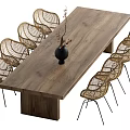 Modern Wooden Dining Table Set with Rattan Chairs Rectangular Tabletop and Black Vase 3d model