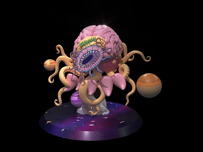 Pink Brain Themed Art Installation with Octopus Tentacles and Planets on Starry Purple Base 3d model
