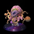 Pink Brain Themed Art Installation with Octopus Tentacles and Planets on Starry Purple Base