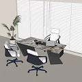 Modern Office Desk With Marble Top Ergonomic Chairs And Potted Plant By Window Blinds