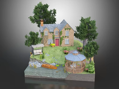 Cartoon Scene with Brick House Trees Gazebo Boat and Lush Green Grass 3d model