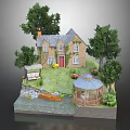 Cartoon Scene with Brick House Trees Gazebo Boat and Lush Green Grass