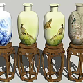 Traditional Ceramic Vases with Landscape Pheasant and Magnolia Patterns on Wooden Carved Stands