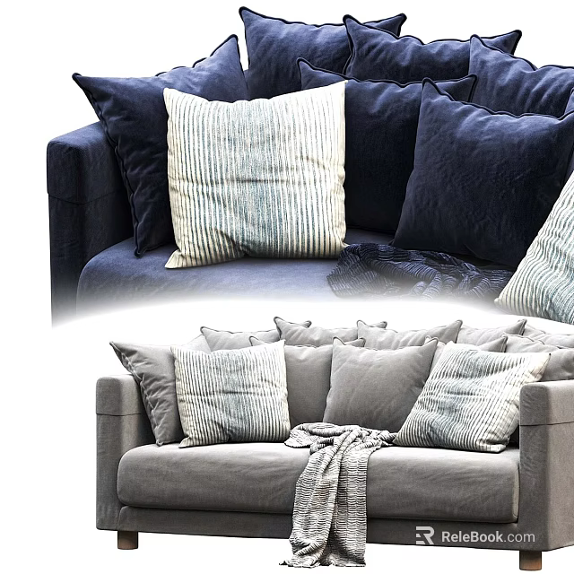 Two Seater Sofa Featuring Striped Pillows And Soft Blanket In Modern Living Room 3d model 