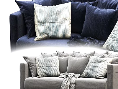 Two Seater Sofa Featuring Striped Pillows And Soft Blanket In Modern Living Room 3d model