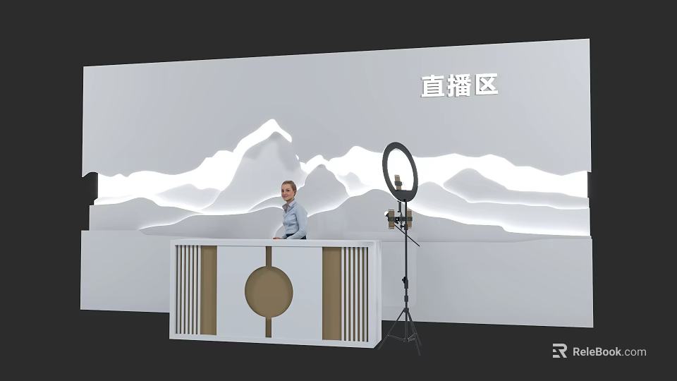 Live Streaming Room Setup With Mountain Pattern Background Platform Ring Light And Microphone 3d model 