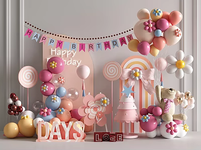 Colorful Birthday Party Balloons With Lollipop Teddy Bear And Cake Decorations 3d model