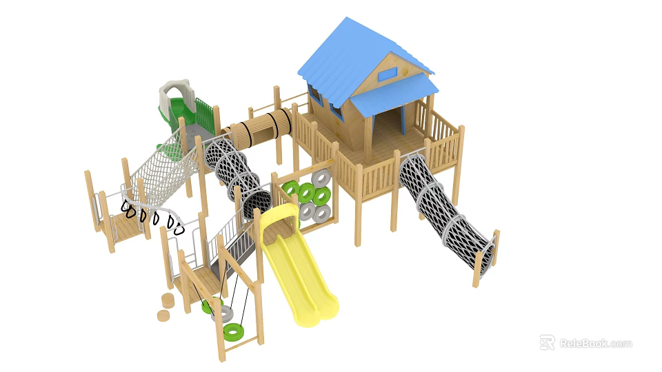 Outdoor Playground Equipment with Wooden Playhouse Slide Climbing Net and Swings 3d model 