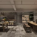 Modern Tea House Interior Design With Wooden Walls Partitions Large Tables Gray Tiles And Plants