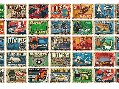 Vintage Sports Badges Featuring Multiple Retro Themes And Colorful Designs 3d model