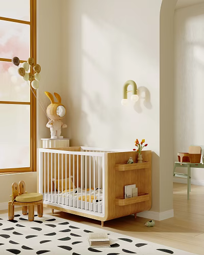 Cozy Modern Children's Room With Crib Rabbit Doll And Wall Lamp 3d model