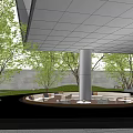 Modern Garden Landscape Design With Circular Seating Green Trees And Water Pool Reflection