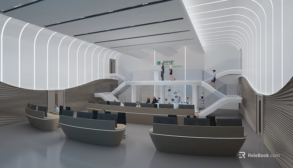 Modern Service Hall Interior Design With Open Layout Staircase And Seating Area 3d model