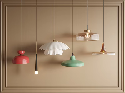 Modern Pendant Lights in Assorted Colors Hanging on Beige Wall with Wooden Trim 3d model