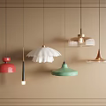 Modern Pendant Lights in Assorted Colors Hanging on Beige Wall with Wooden Trim