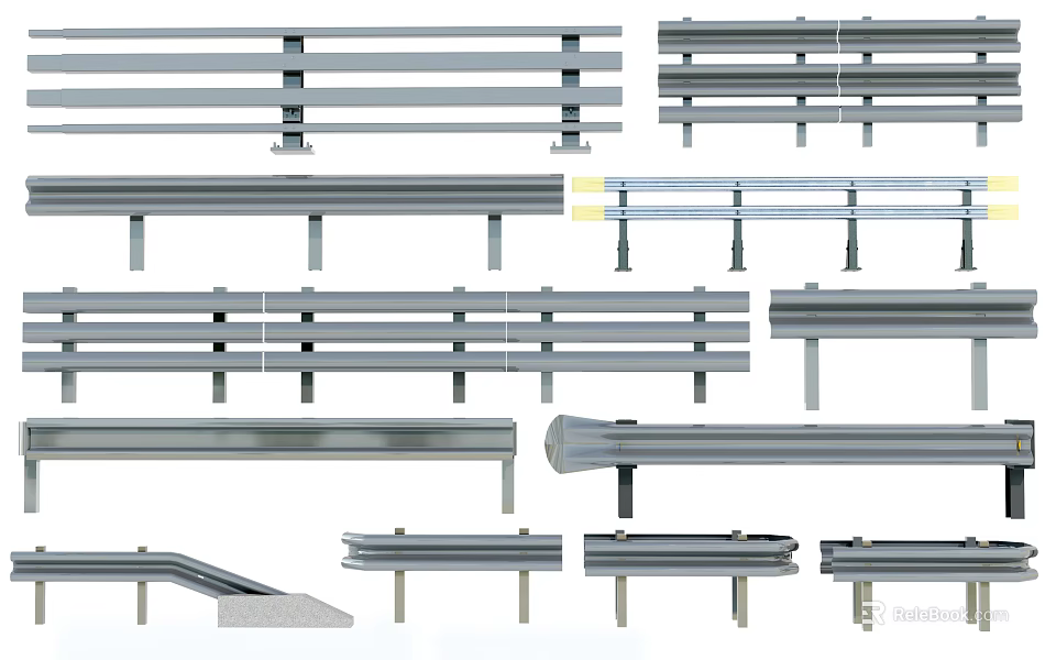 Different Design Styles of Metal Fence with Horizontal Rails and Vertical Posts 3d model 