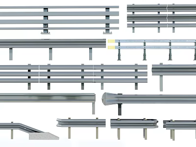 Different Design Styles of Metal Fence with Horizontal Rails and Vertical Posts 3d model