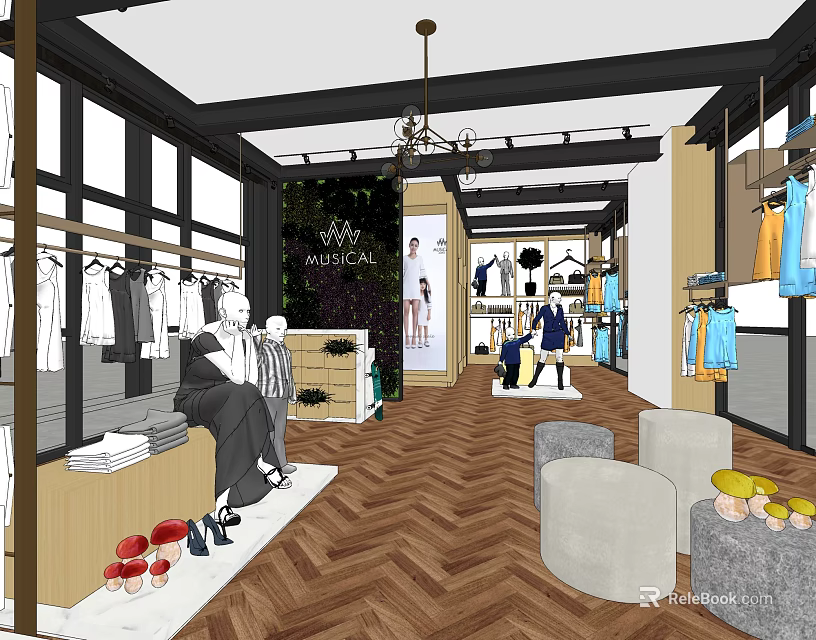 Modern Clothing Store Interior With Clothes Racks Mannequins Chandelier Wooden Floor And Seating 3d model 