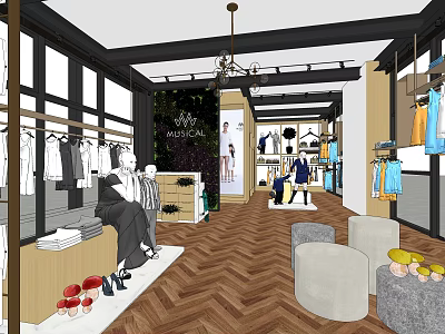 Modern Clothing Store Interior With Clothes Racks Mannequins Chandelier Wooden Floor And Seating 3d model
