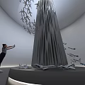 Airplane Models Arranged On Modern Sculpture In Exhibition Hall With Visitor Taking
